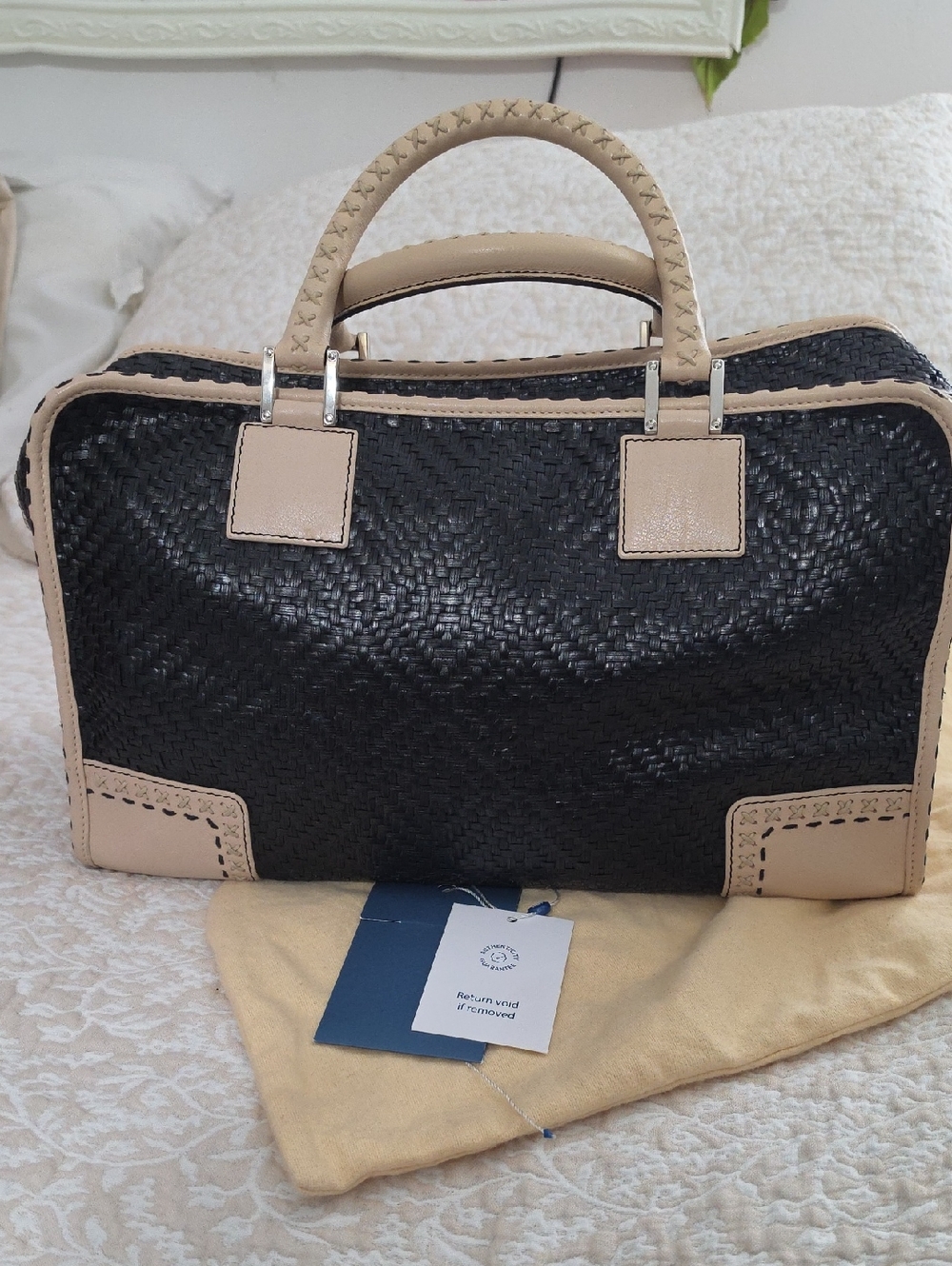 Leather-Trim Woven Satchel Bag - Black & Beige - Picture 5 of 16